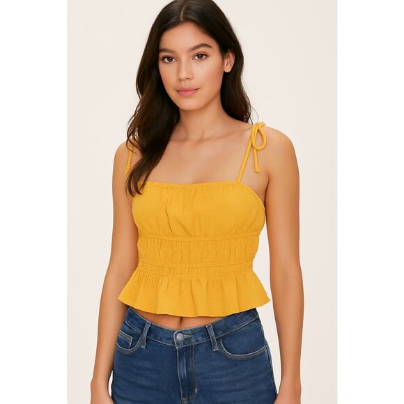 Forever 21 Yellow Smocked Knit Crop Top Medium Midriff Peplum Flair Strappy NWT - Picture 11 of 11